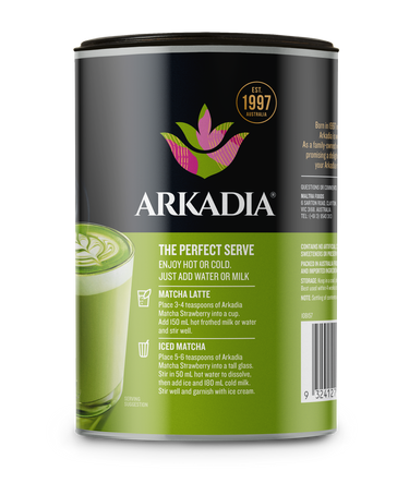 Arkadia matcha latte canister with green and black design